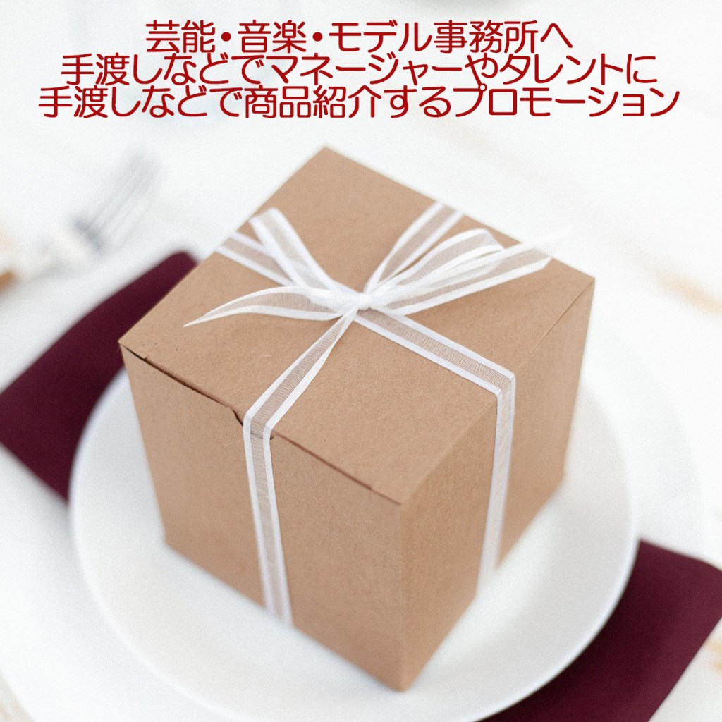芸能・音楽・モデル事務所へ、ギフティング及び商品情報案内を、基本、口頭対面手渡しなどで現場マネージャーや本人に紹介するサービスです。更に
ロケ現場、撮影スタジオ、劇場楽屋、コンサート楽屋などへの関係者差し入れや、メディアライター、インフルエンサー、メイク、スタイリスト、テレビ局音楽プロデューサー、キャスティング会社、雑誌社、IKEIKETVハッピーアンバサダーなどにもギフティングを実施しております。
