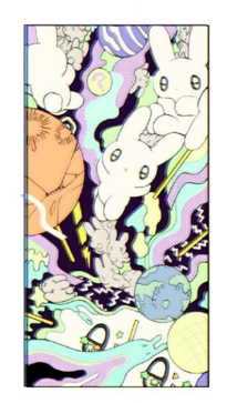 夢という今回のプロジェクトのワードから夢のある宇宙に繋げたデザイン。
かわいいうさぎと、科学的、80年代風な雰囲気をミックス