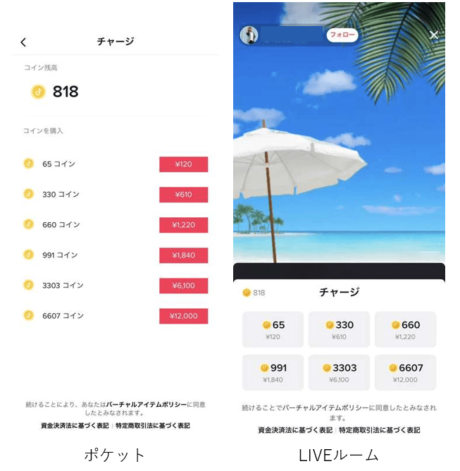 ユーザーはTikTokで使えるバーチャルコイン（以下「コイン」）を使って、ギフトに変換できます。コインはポケットかTikTok LIVEルーム内で購入できます。App StoreかGoogle Play上で決済されます。コイン残高はポケットの「コイン残高」より確認できます。