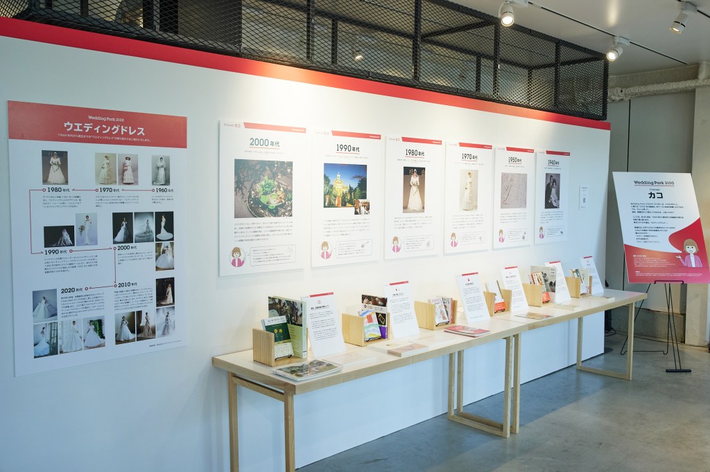 会場1階に設置された「イマ」エリアでは、80年前から現代までの結婚式の歴史を紐解きながら、今まさに結婚式をお考えのおふたりに役立つ最新の結婚式事例や、ツールを一度にご覧いただけます。